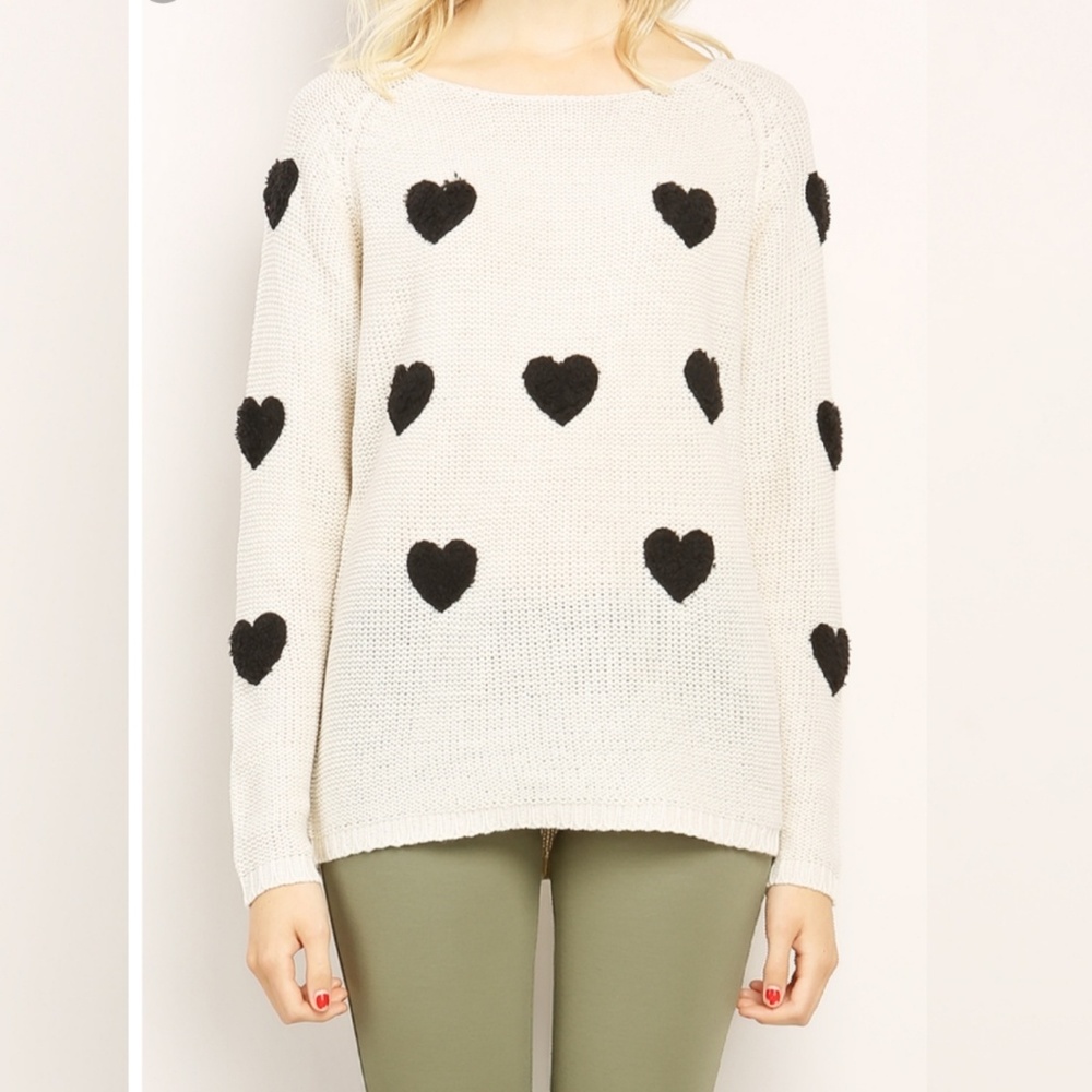 Papaya Heart Knit Sweater boat Neck Long Sleeves Love Valentine's Day Shirt top